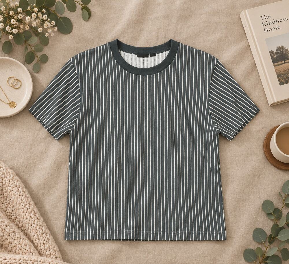 Uniqlo x Marimekko Striped T-Shirt Dark Green White Cotton Crewneck Nordic SZ S